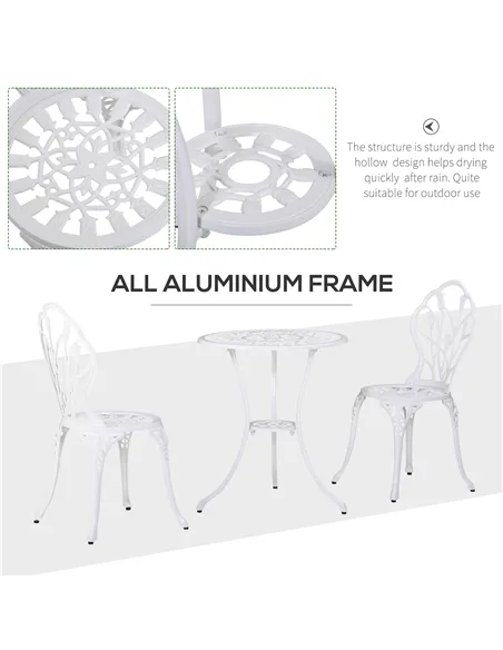Outsunny 3 Piece Patio Bistro Set for 2, Outdoor Aluminium Garden Table and Chairs with Umbrella Hole for Balcony, White