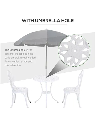 Outsunny 3 Piece Patio Bistro Set for 2, Outdoor Aluminium Garden Table and Chairs with Umbrella Hole for Balcony, White