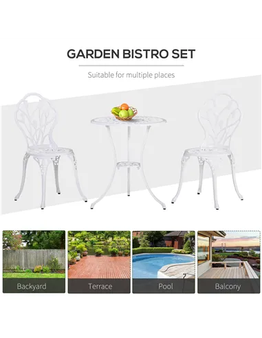 Outsunny 3 Piece Patio Bistro Set for 2, Outdoor Aluminium Garden Table and Chairs with Umbrella Hole for Balcony, White