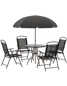 Outsunny 6 Piece Garden Dining Set with Umbrella, Patio Sets with Parasol with 4 Folding Dining Chairs & Round Tempered Glass Ta
