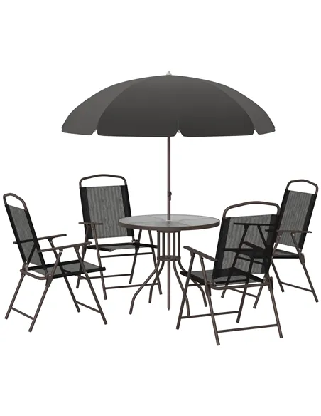 Outsunny 6 Piece Garden Dining Set with Umbrella, Patio Sets with Parasol with 4 Folding Dining Chairs & Round Tempered Glass Ta