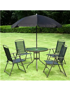 Outsunny 6 Piece Garden Dining Set with Umbrella, Patio Sets with Parasol with 4 Folding Dining Chairs & Round Tempered Glass Ta 2