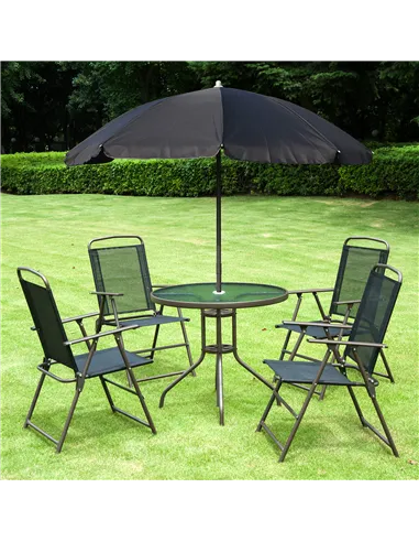 Outsunny 6 Piece Garden Dining Set with Umbrella, Patio Sets with Parasol with 4 Folding Dining Chairs & Round Tempered Glass Ta