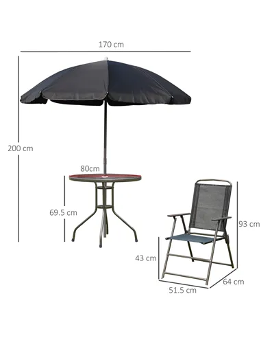 Outsunny 6 Piece Garden Dining Set with Umbrella, Patio Sets with Parasol with 4 Folding Dining Chairs & Round Tempered Glass Ta