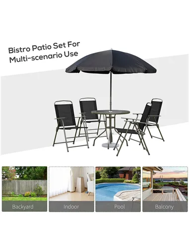 Outsunny 6 Piece Garden Dining Set with Umbrella, Patio Sets with Parasol with 4 Folding Dining Chairs & Round Tempered Glass Ta
