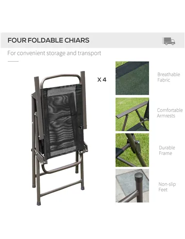 Outsunny 6 Piece Garden Dining Set with Umbrella, Patio Sets with Parasol with 4 Folding Dining Chairs & Round Tempered Glass Ta