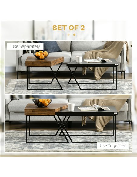 HOMCOM Coffee Table Set of 2, Industrial Nesting Table with Steel Frame and 8cm Thick Tabletop, Sofa Side End Table for Living R