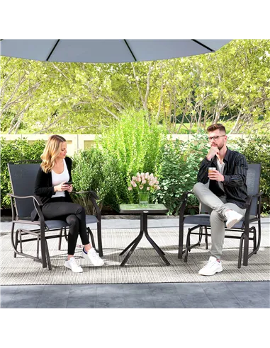Outsunny Glider Rocking Chair & Table Set 2 Single Seaters Rocker Garden Swing Chair Patio Furniture Bistro Set Grey