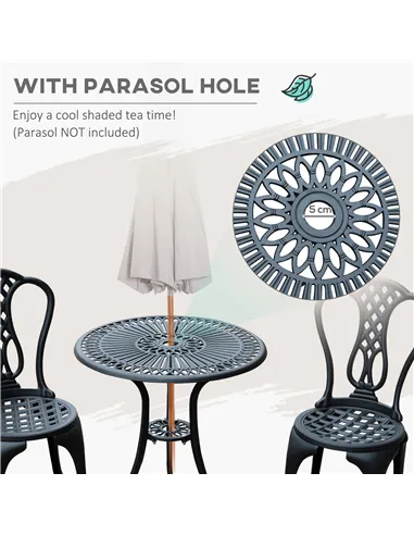 Outsunny 3 Piece Patio Cast Aluminium Bistro Set Garden Outdoor Furniture Table and Chairs Shabby Chic Style