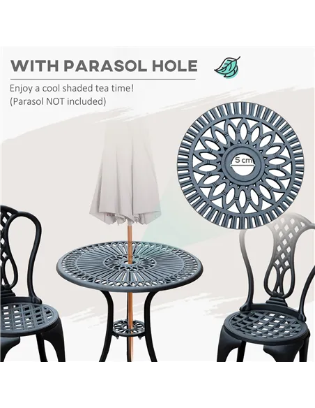 Outsunny 3 Piece Patio Cast Aluminium Bistro Set Garden Outdoor Furniture Table and Chairs Shabby Chic Style