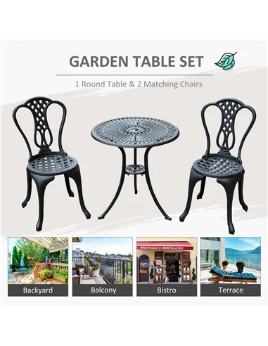 Outsunny 3 Piece Patio Cast Aluminium Bistro Set Garden Outdoor Furniture Table and Chairs Shabby Chic Style
