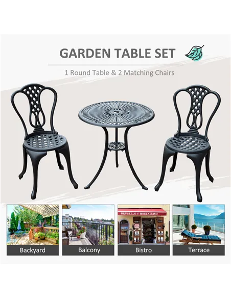 Outsunny 3 Piece Patio Cast Aluminium Bistro Set Garden Outdoor Furniture Table and Chairs Shabby Chic Style