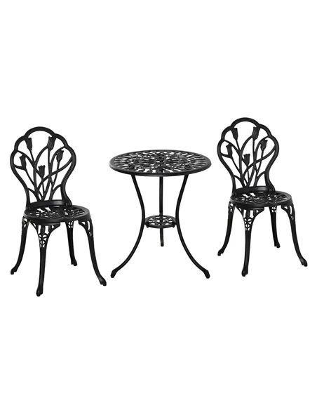 Outsunny Three-Piece Aluminium Floral Bistro Garden Set - Black