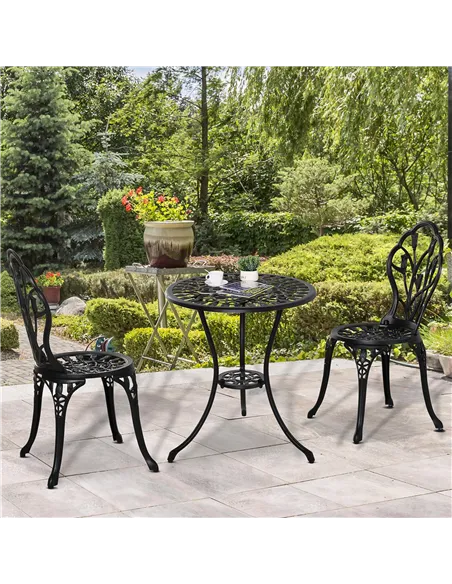 Outsunny Three-Piece Aluminium Floral Bistro Garden Set - Black