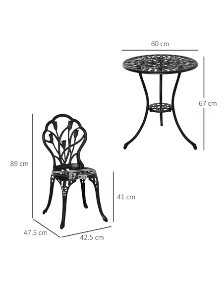 Outsunny Three-Piece Aluminium Floral Bistro Garden Set - Black