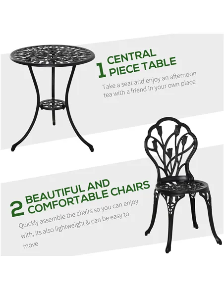 Outsunny Three-Piece Aluminium Floral Bistro Garden Set - Black