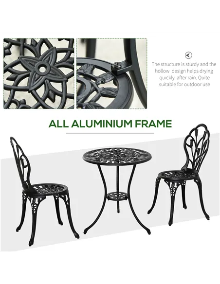 Outsunny Three-Piece Aluminium Floral Bistro Garden Set - Black