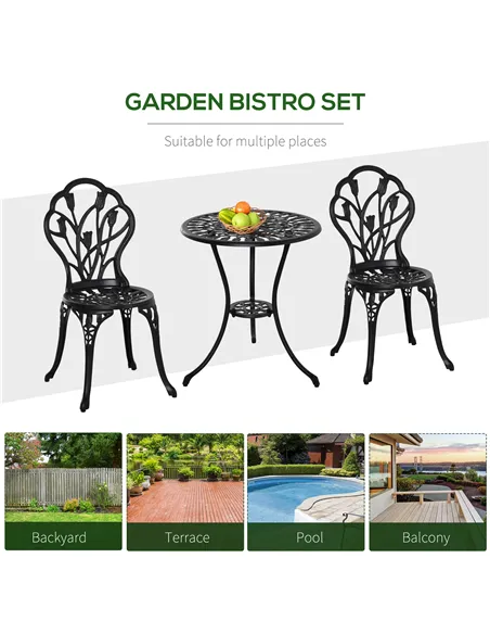 Outsunny Three-Piece Aluminium Floral Bistro Garden Set - Black