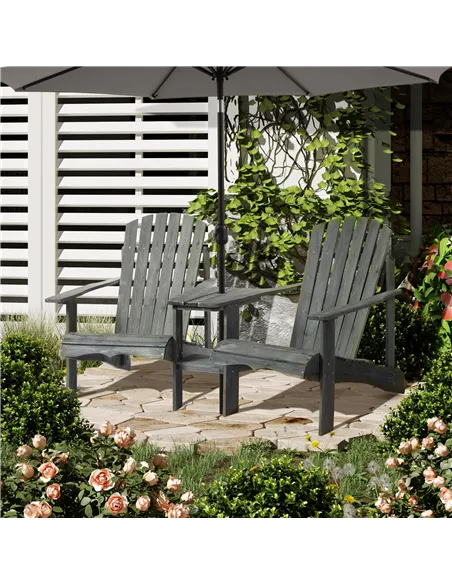 Outsunny Wooden Outdoor Double Adirondack Chairs Loveseat w/ Centre Table and Umbrella Hole, Garden Patio Furniture for Lounging