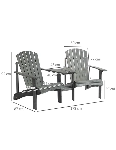 Outsunny Wooden Outdoor Double Adirondack Chairs Loveseat w/ Centre Table and Umbrella Hole, Garden Patio Furniture for Lounging