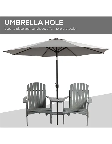 Outsunny Wooden Outdoor Double Adirondack Chairs Loveseat w/ Centre Table and Umbrella Hole, Garden Patio Furniture for Lounging