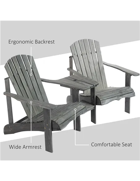 Outsunny Wooden Outdoor Double Adirondack Chairs Loveseat w/ Centre Table and Umbrella Hole, Garden Patio Furniture for Lounging