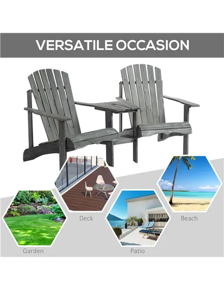 Outsunny Wooden Outdoor Double Adirondack Chairs Loveseat w/ Centre Table and Umbrella Hole, Garden Patio Furniture for Lounging