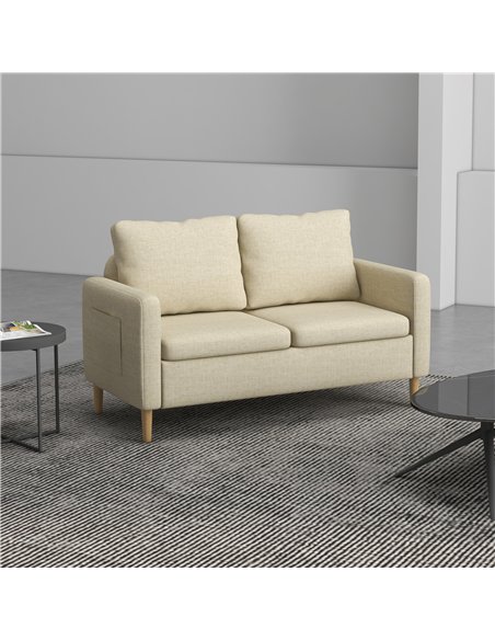 HOMCOM Two Seater Sofa for Living Room, Modern Fabric Couch with Wood Legs and 2 Pockets for Bedroom and Home Office, Beige