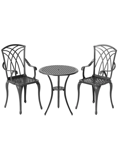 Outsunny 3 Pieces Garden Dining Set for 2, Cast Aluminium Outdoor Dining Set with 2 Armchairs and Round Dining Table with Paraso