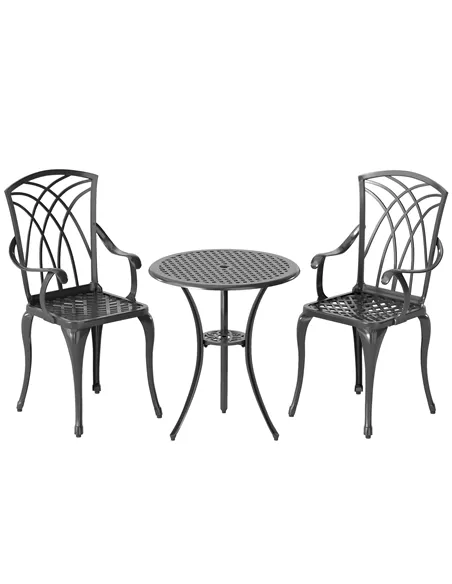 Outsunny 3 Pieces Garden Dining Set for 2, Cast Aluminium Outdoor Dining Set with 2 Armchairs and Round Dining Table with Paraso