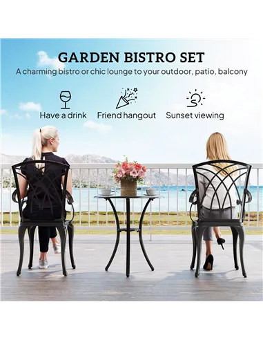 Outsunny 3 Pieces Garden Dining Set for 2, Cast Aluminium Outdoor Dining Set with 2 Armchairs and Round Dining Table with Paraso