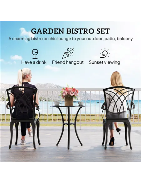 Outsunny 3 Pieces Garden Dining Set for 2, Cast Aluminium Outdoor Dining Set with 2 Armchairs and Round Dining Table with Paraso