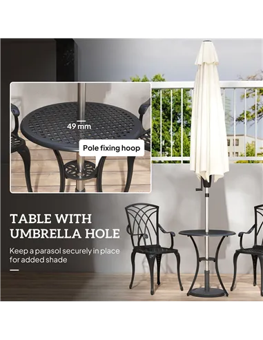 Outsunny 3 Pieces Garden Dining Set for 2, Cast Aluminium Outdoor Dining Set with 2 Armchairs and Round Dining Table with Paraso