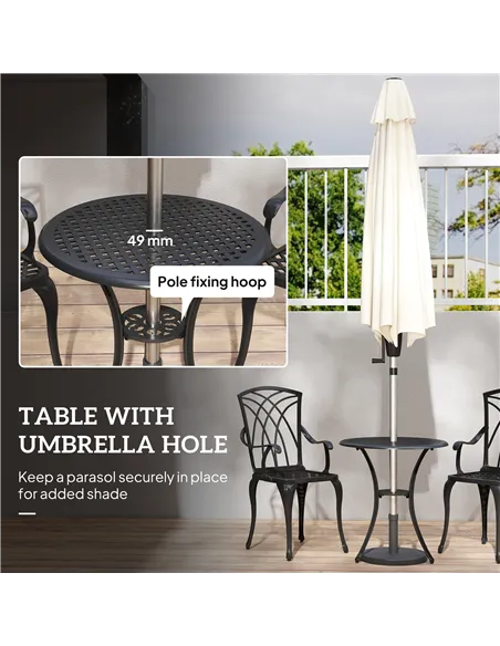 Outsunny 3 Pieces Garden Dining Set for 2, Cast Aluminium Outdoor Dining Set with 2 Armchairs and Round Dining Table with Paraso