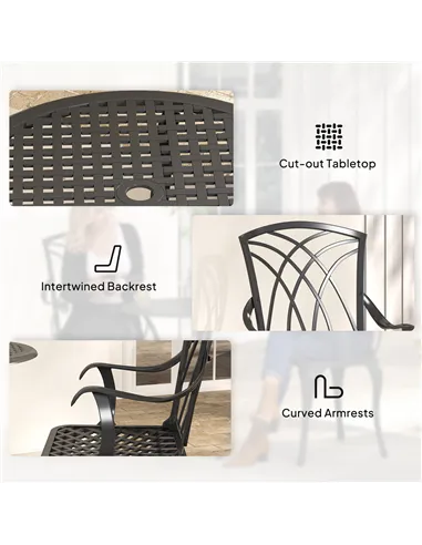 Outsunny 3 Pieces Garden Dining Set for 2, Cast Aluminium Outdoor Dining Set with 2 Armchairs and Round Dining Table with Paraso