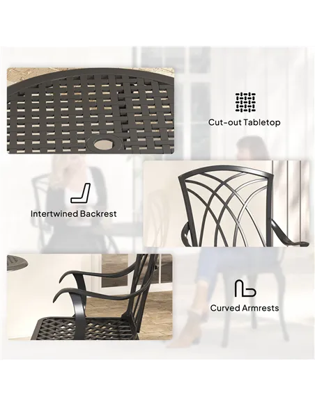 Outsunny 3 Pieces Garden Dining Set for 2, Cast Aluminium Outdoor Dining Set with 2 Armchairs and Round Dining Table with Paraso