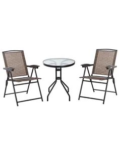 Outsunny 3 Piece Outdoor Bistro Set, Patio Conversation Furniture Set with 2 Folding Backrest Adjustable Armchairs and Glass Top