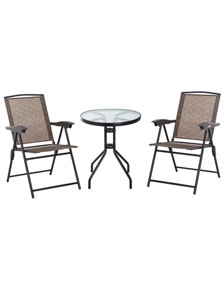 Outsunny 3 Piece Outdoor Bistro Set, Patio Conversation Furniture Set with 2 Folding Backrest Adjustable Armchairs and Glass Top