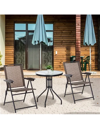 Outsunny 3 Piece Outdoor Bistro Set, Patio Conversation Furniture Set with 2 Folding Backrest Adjustable Armchairs and Glass Top
