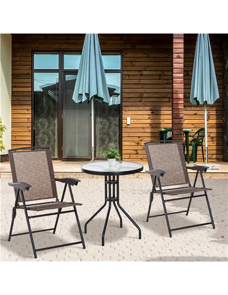 Outsunny 3 Piece Outdoor Bistro Set, Patio Conversation Furniture Set with 2 Folding Backrest Adjustable Armchairs and Glass Top