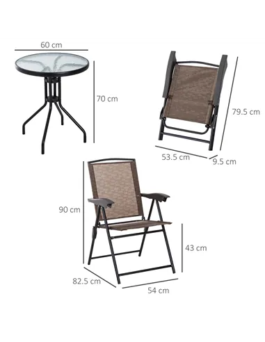 Outsunny 3 Piece Outdoor Bistro Set, Patio Conversation Furniture Set with 2 Folding Backrest Adjustable Armchairs and Glass Top
