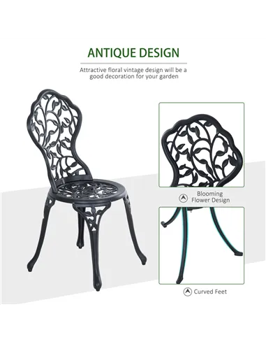 Outsunny 3 Pcs Aluminium Bistro Set Garden Furniture Dining Table Chairs Antique Outdoor Seat Patio Seater Black