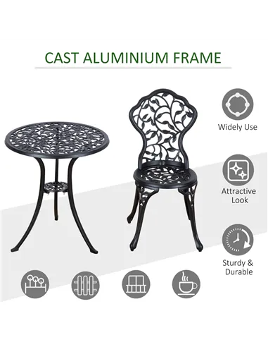 Outsunny 3 Pcs Aluminium Bistro Set Garden Furniture Dining Table Chairs Antique Outdoor Seat Patio Seater Black