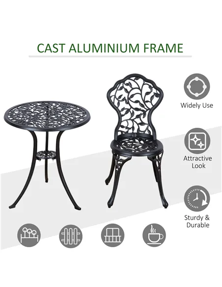 Outsunny 3 Pcs Aluminium Bistro Set Garden Furniture Dining Table Chairs Antique Outdoor Seat Patio Seater Black