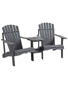 Outsunny Wooden Outdoor Double Adirondack Chairs Loveseat w/ Centre Table and Umbrella Hole, Garden Patio Furniture for Lounging