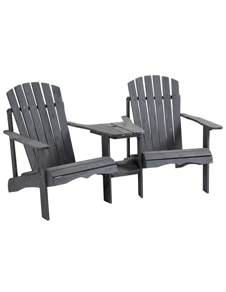 Outsunny Wooden Outdoor Double Adirondack Chairs Loveseat w/ Centre Table and Umbrella Hole, Garden Patio Furniture for Lounging
