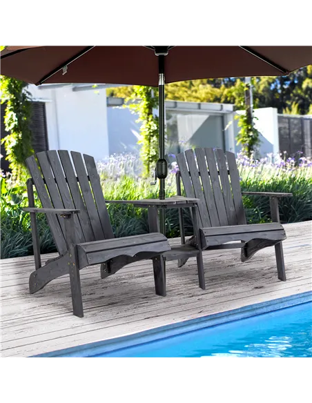 Outsunny Wooden Outdoor Double Adirondack Chairs Loveseat w/ Centre Table and Umbrella Hole, Garden Patio Furniture for Lounging