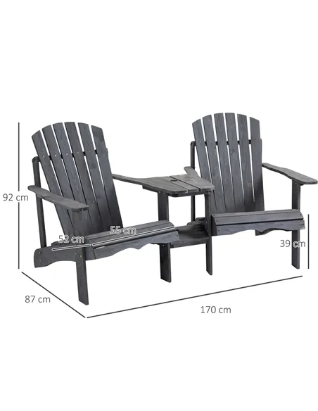 Outsunny Wooden Outdoor Double Adirondack Chairs Loveseat w/ Centre Table and Umbrella Hole, Garden Patio Furniture for Lounging
