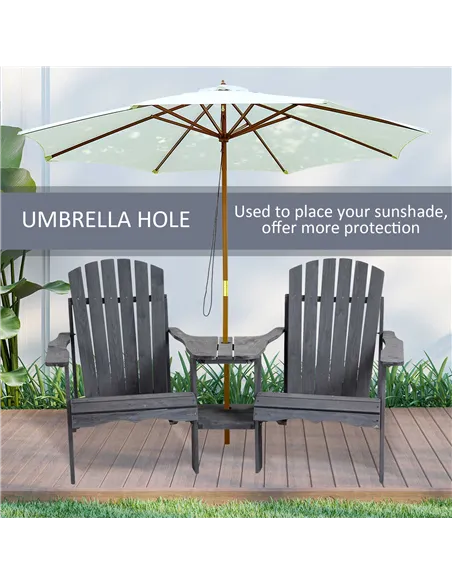 Outsunny Wooden Outdoor Double Adirondack Chairs Loveseat w/ Centre Table and Umbrella Hole, Garden Patio Furniture for Lounging