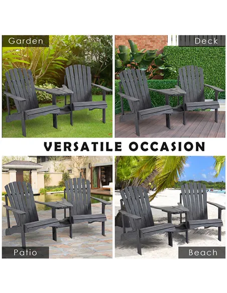 Outsunny Wooden Outdoor Double Adirondack Chairs Loveseat w/ Centre Table and Umbrella Hole, Garden Patio Furniture for Lounging